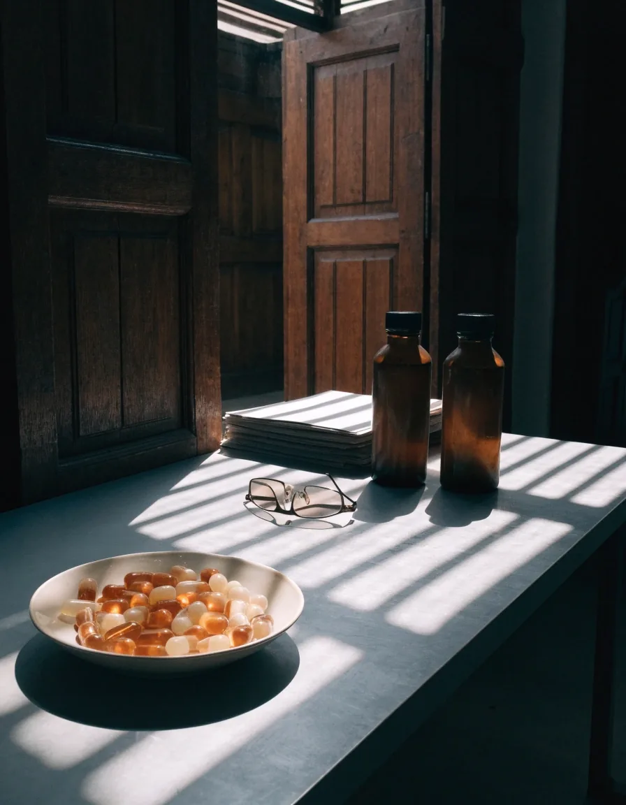 A small editorial workspace in Makassar with a grey worktable, capsule dish and closed bottles in louvred daylight