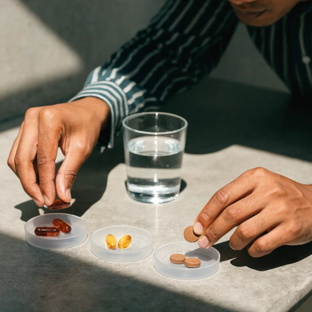 Three shallow white dishes on a grey tabletop under hard noon light, each holding a different supplement format
