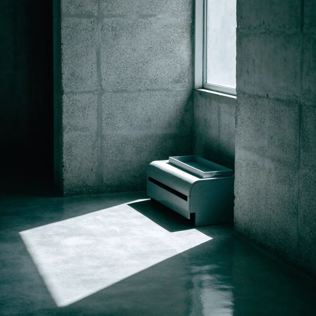 A bare interior corner with a sharp rectangle of daylight on the floor