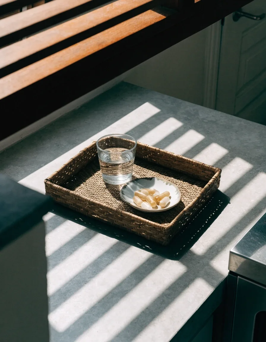 A review desk from across the room with capsules in a dish and louvred sidelight