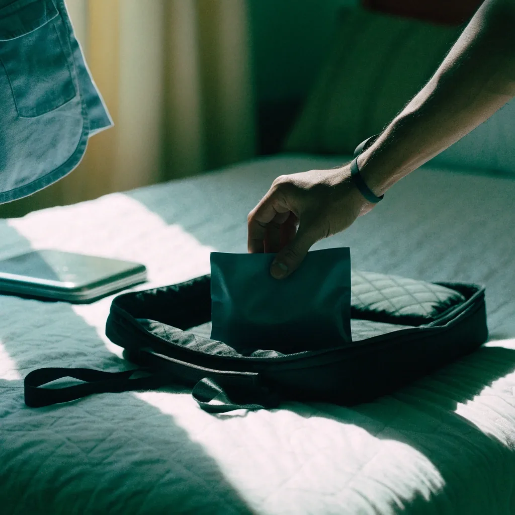 An open travel bag on a hotel bed beside a small pouch in hard morning daylight