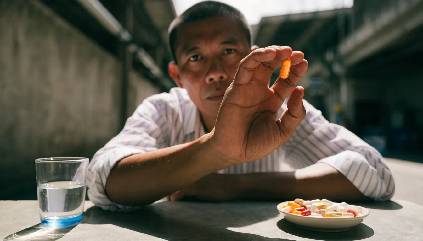 A man's hand turning capsules in a shallow ceramic tray on a grey work table under hard noon light