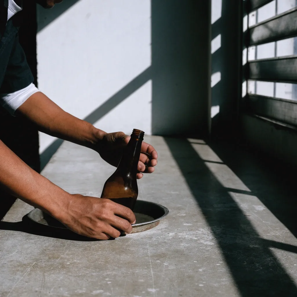 Empty tray and stack of unmarked brown glass bottles on a grey tabletop in a Makassar work area