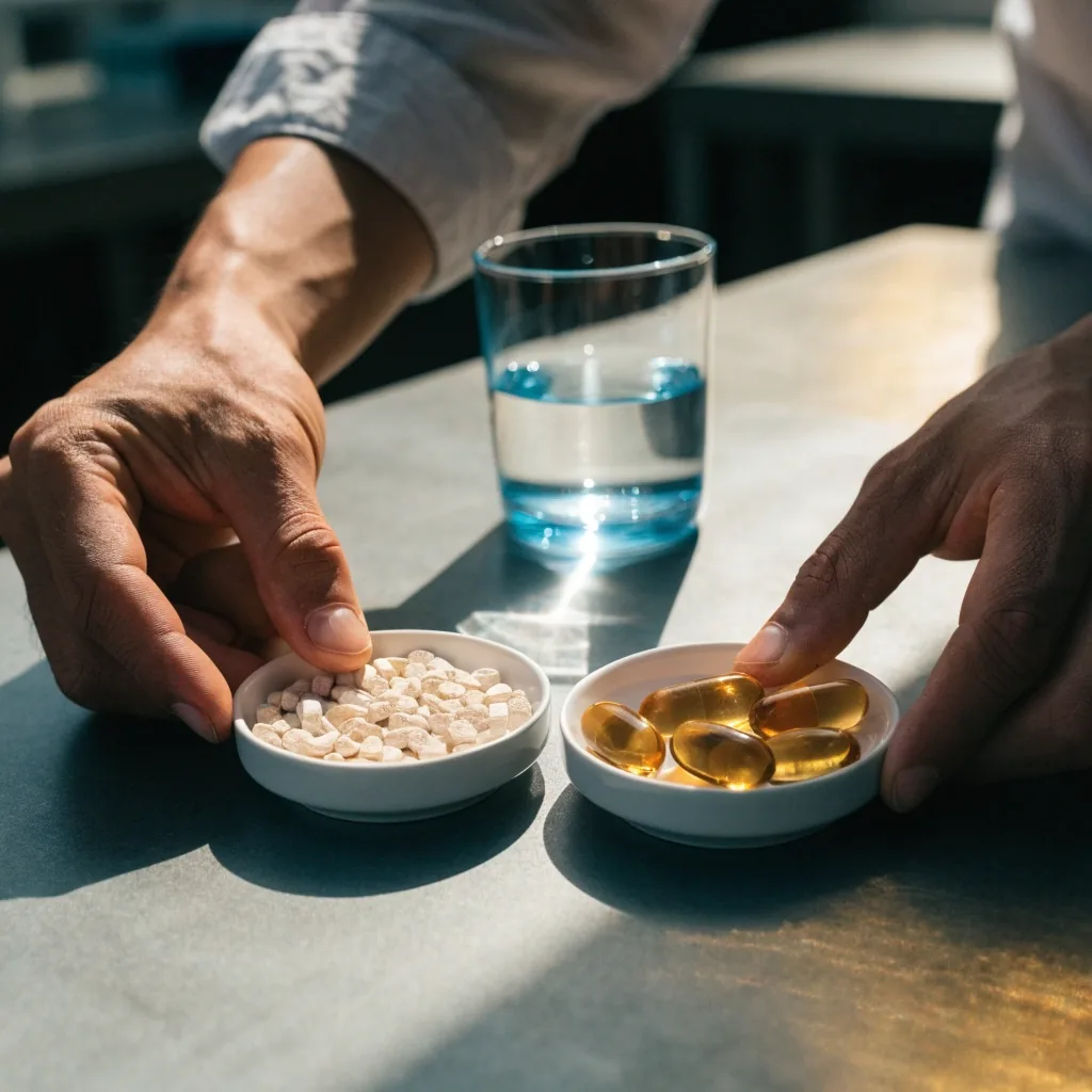 Two shallow white plates holding tablets and softgels side by side on a grey tabletop under noon light