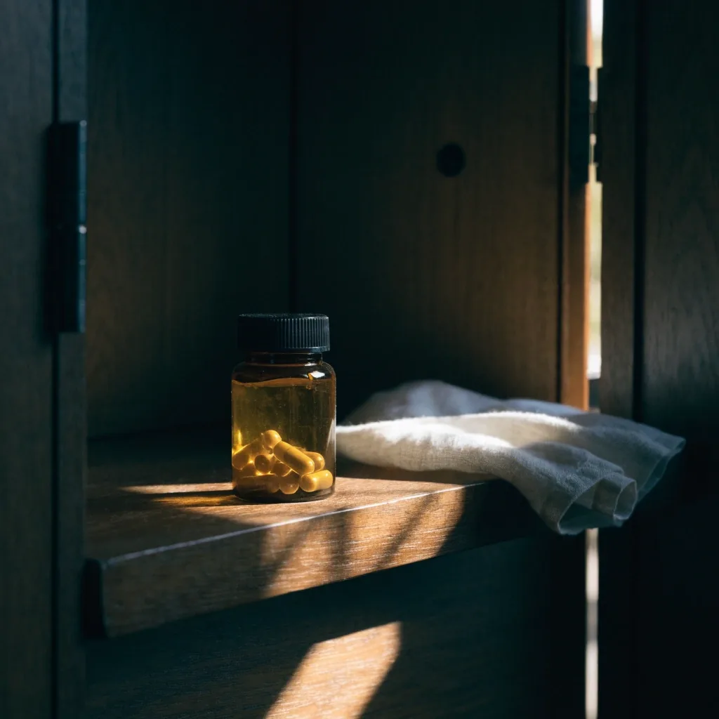 A closed supplement container standing upright on a bright cupboard shelf with a folded cloth beside it