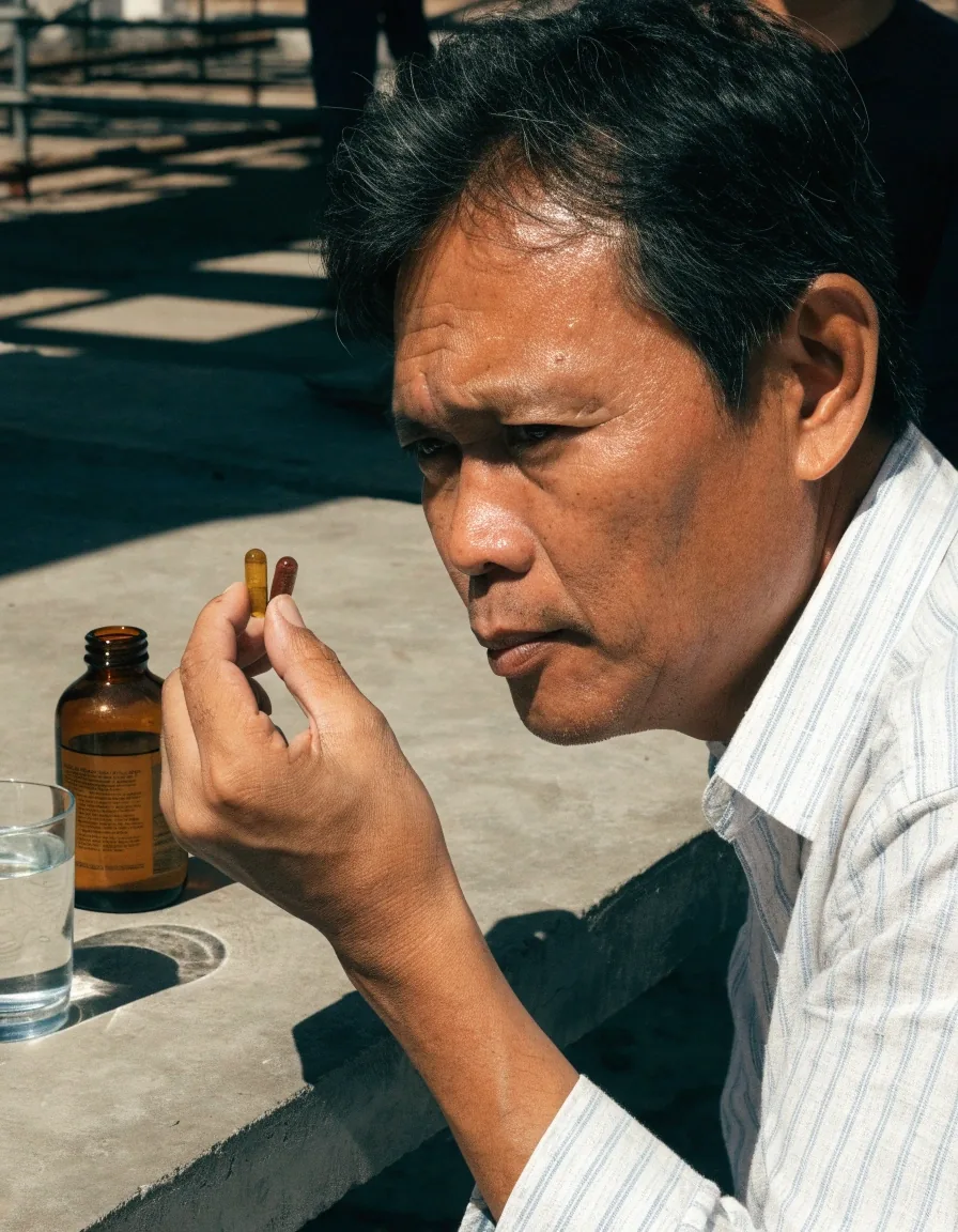 A closed amber glass bottle beside loose cream capsules and a small glass of water on a grey tabletop
