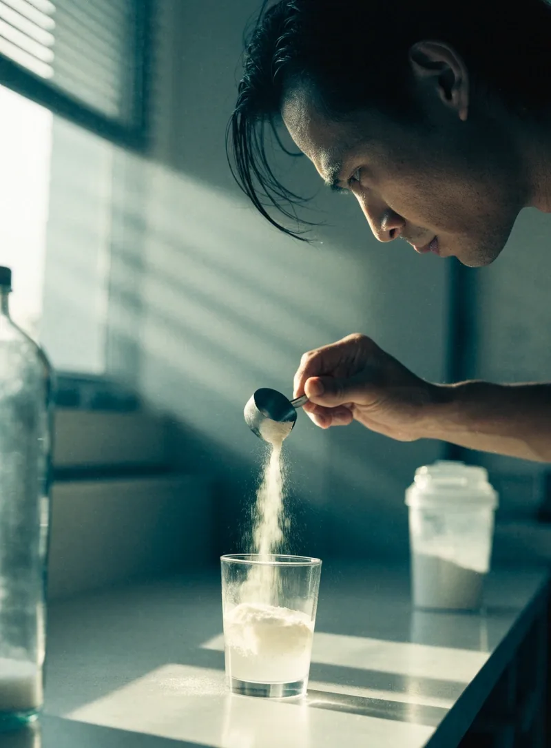 A small white scoop of cream powder beside a glass of water on a cool grey tabletop
