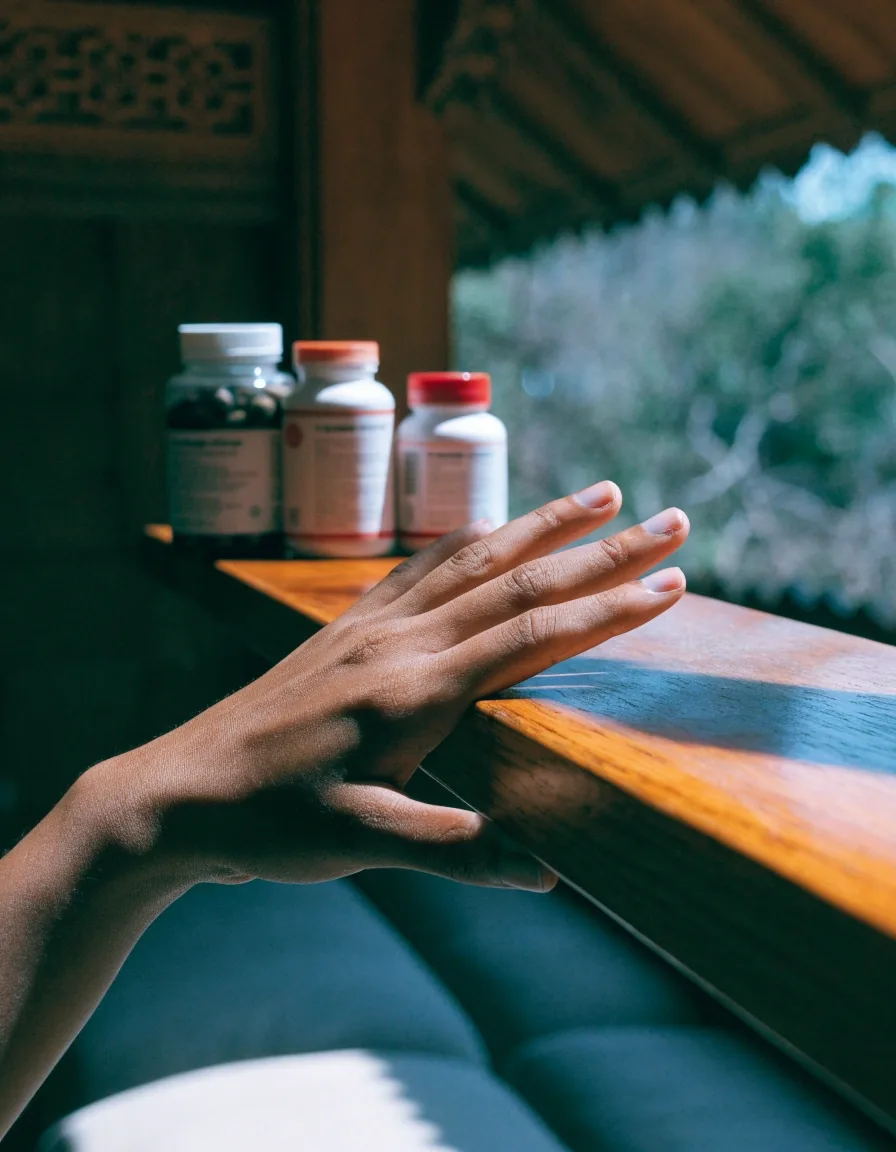 An open palm holding three different capsules above a grey tabletop under hard noon light