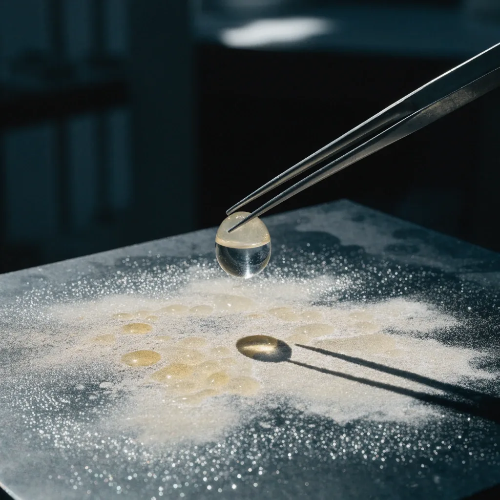 Cream powder, amber droplets and one capsule under tweezers on a black stone surface