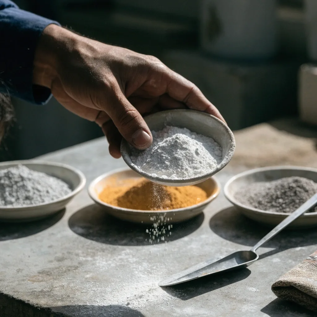 Four shallow white dishes of different mineral powders on a grey tabletop, lit by hard noon light
