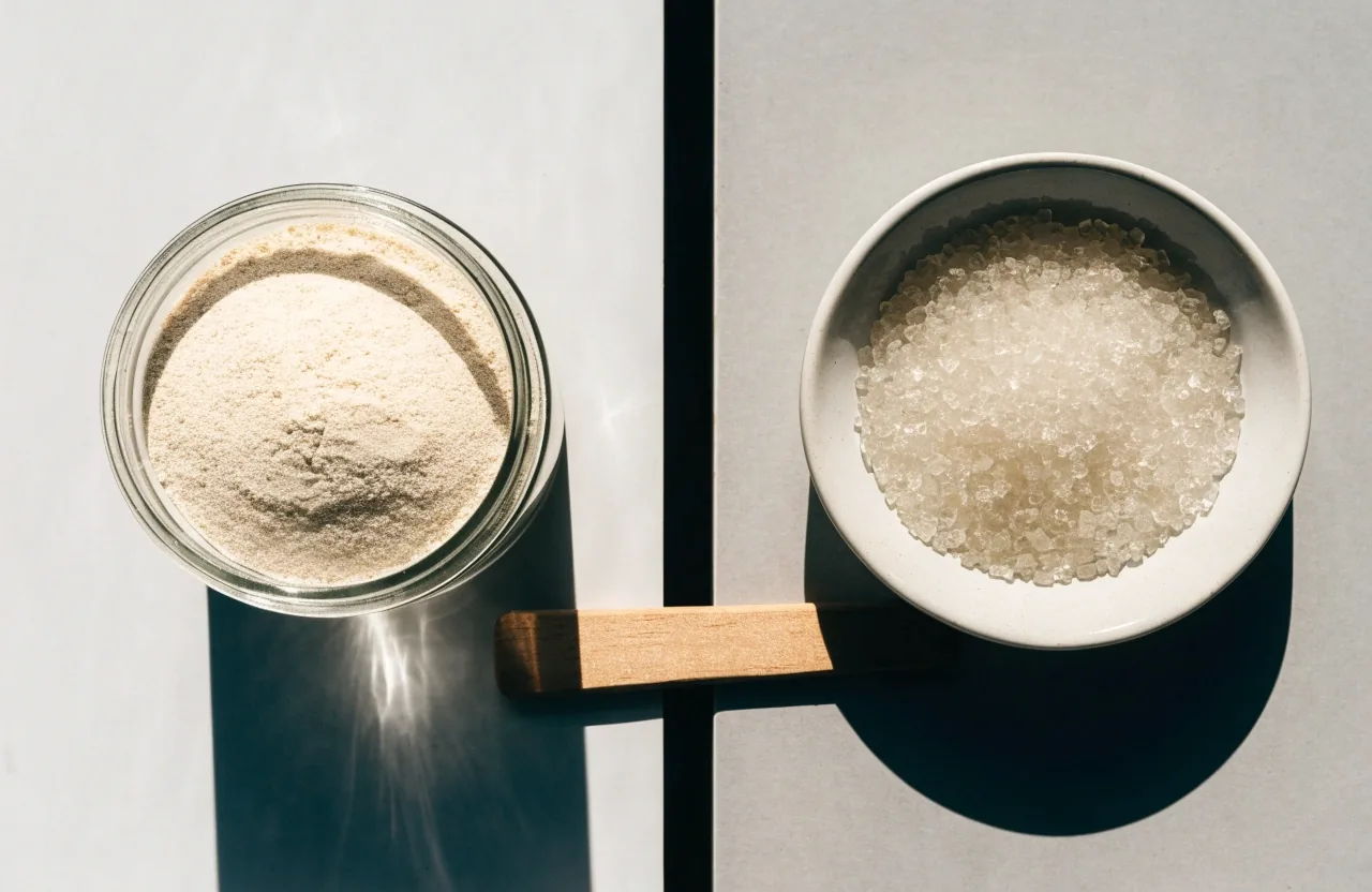 Powder in a glass jar beside crystalline granules on a divided grey tabletop
