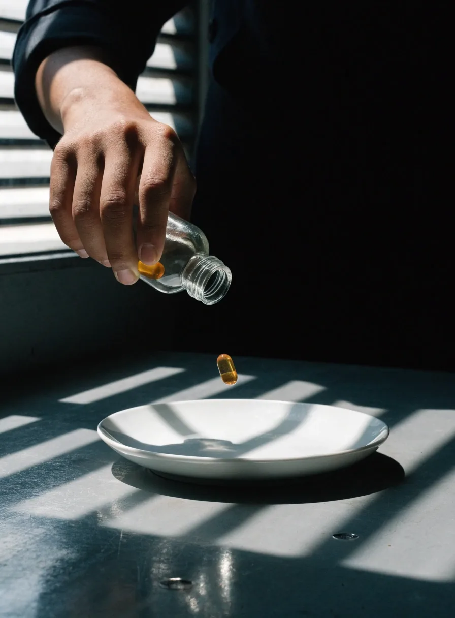 A single amber softgel visible against a white plate