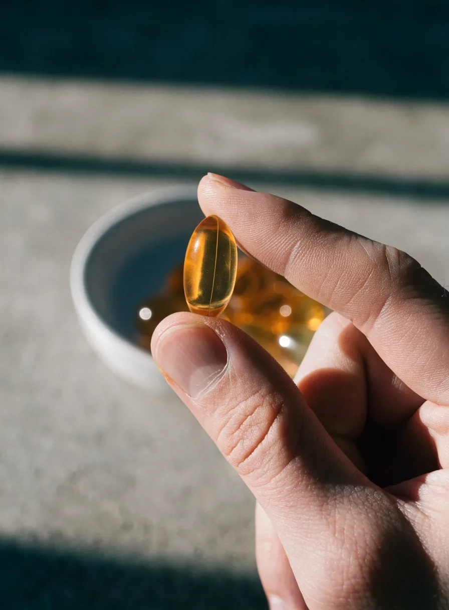 Softgel capsule on a white plate under hard noon light