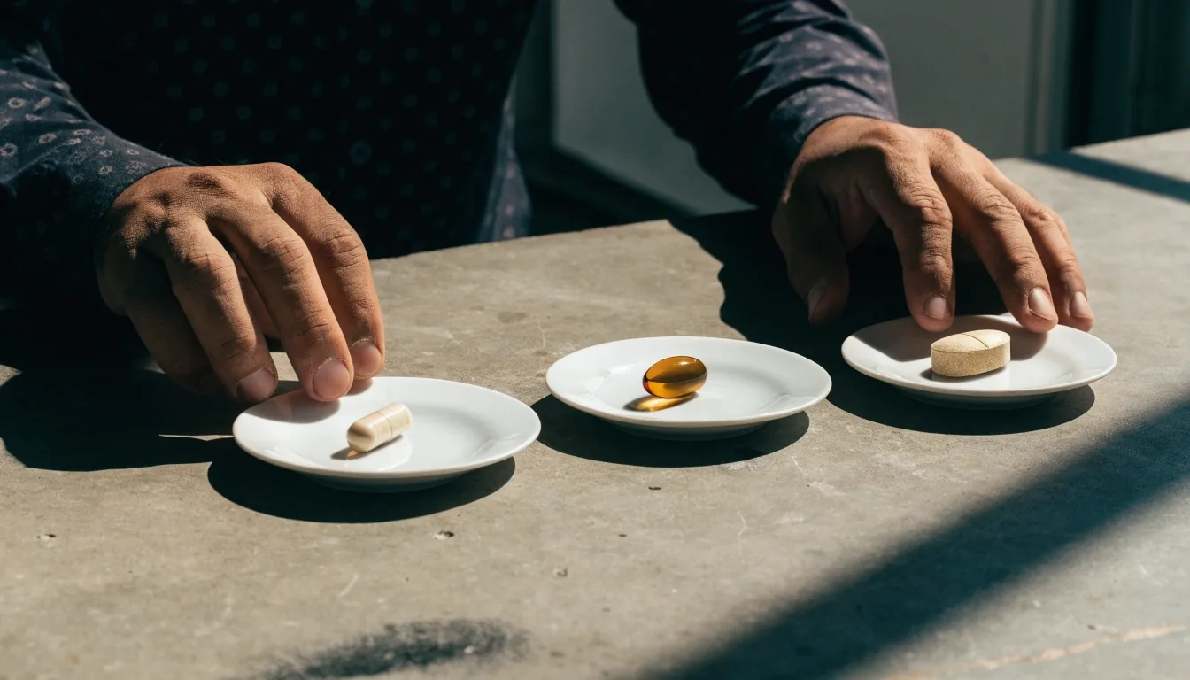 Three shallow ceramic plates on a grey worktable, each holding one capsule of a different format